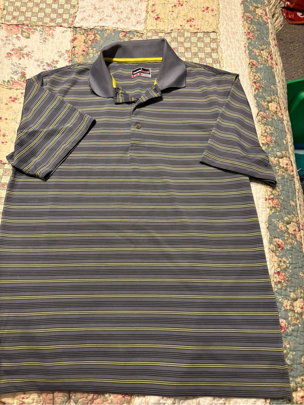 Grand Slam Men's Gray Striped Polo Shirt with Lime Accent Medium